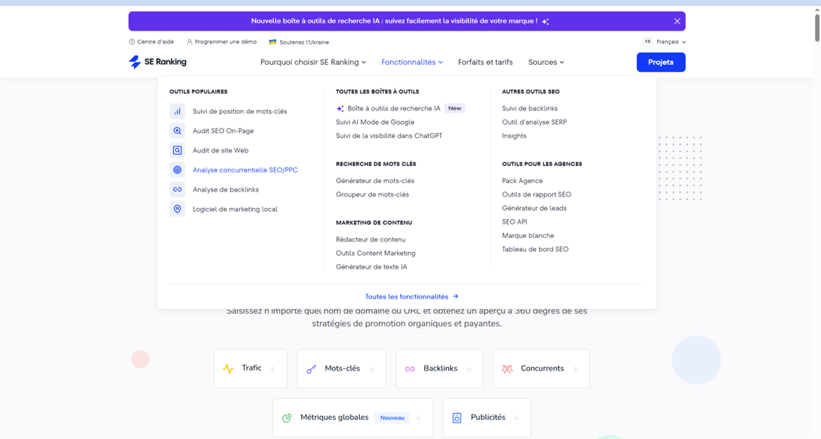 SE Ranking assure un monitoring des mots-clés et une analyse concurrentielle avec des fonctionnalités supplémentaires telles qu’un générateur de plan marketing et des outils de SEO local