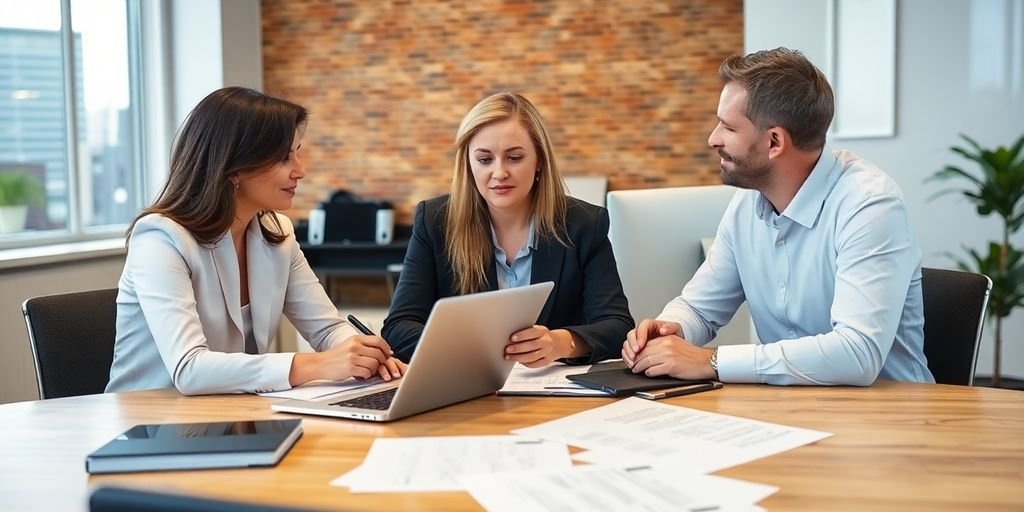 Qu’est-ce que le marketing B2B : Discussion d'affaires entre professionnels dans un bureau moderne.