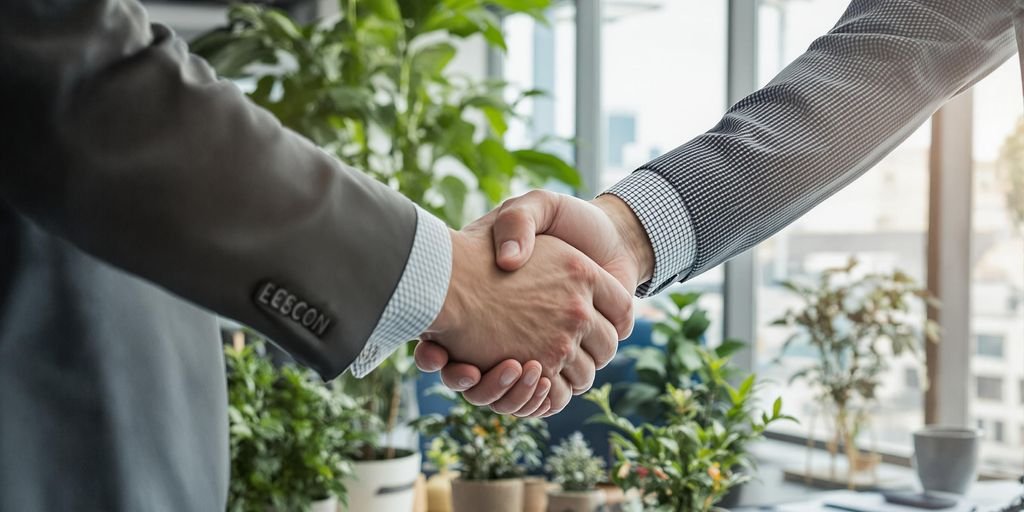 Deux professionnels se serrent la main dans un bureau moderne.