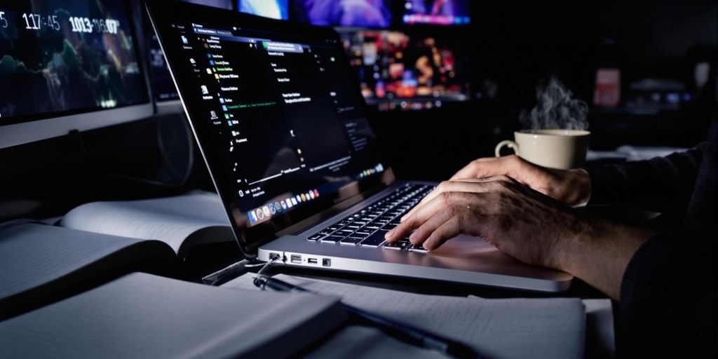 Personne concentrée sur des écrans lumineux