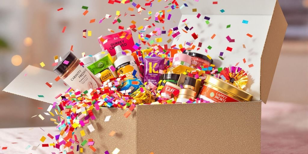 Boîte cadeau ouverte avec des produits et confettis colorés.