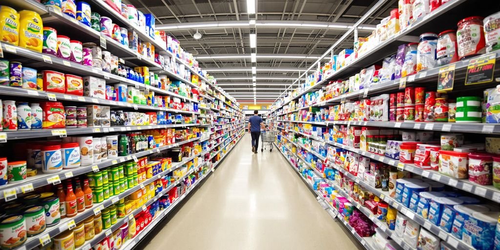 Magasin, produits, allées éclairées, facing, client, choix, abondance, couleurs, netteté.