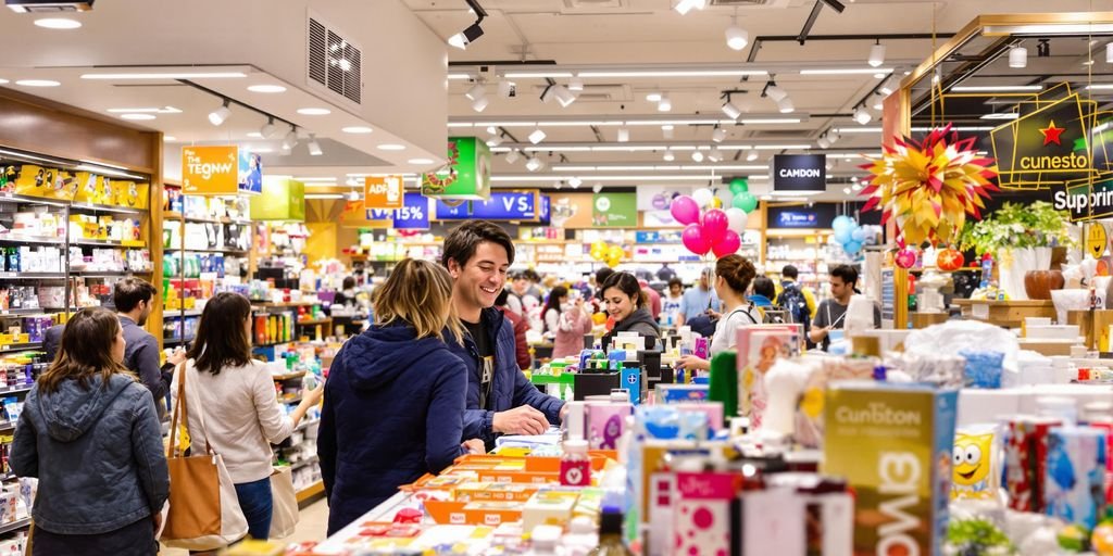 Client souriant avec produits en magasin, ambiance réussie.