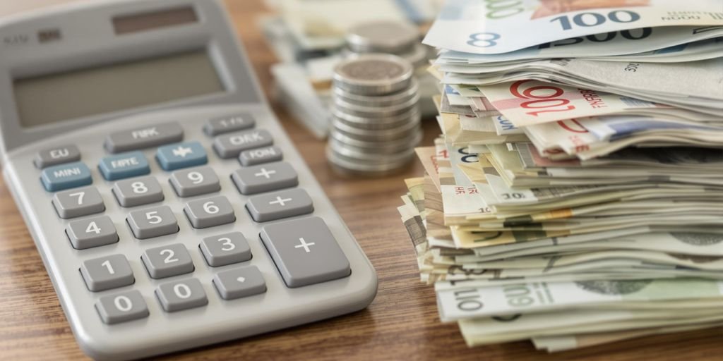 Calculateur avec pièces et billets.