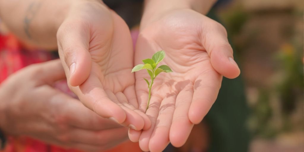 Main tendant une petite plante à une autre main.