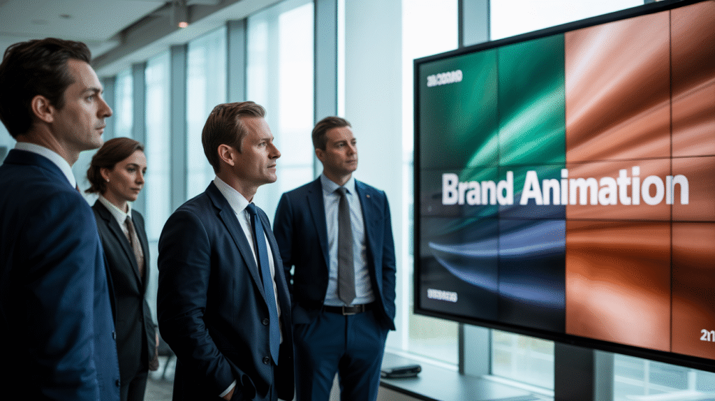 Une salle de réunion haut de gamme d’une entreprise B2B moderne, baignée d’une lumière naturelle diffuse, avec un grand écran mural affichant un affichage dynamique.