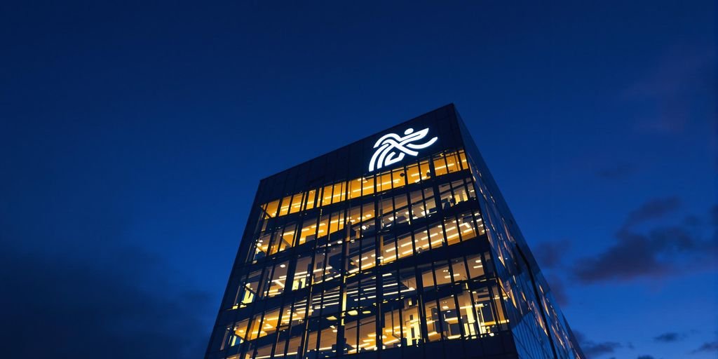 Bâtiment moderne avec logo d'entreprise illuminé.