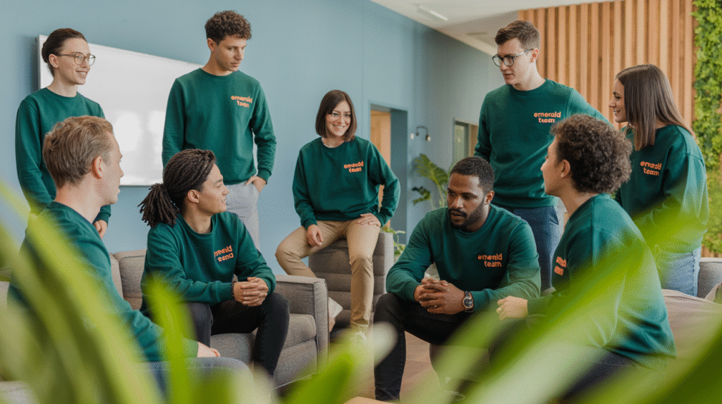 Une photographie moderne en plan large d'un open space contemporain baigné de lumière naturelle. Au premier plan, une équipe diverse de huit collaborateurs portant tous le même sweat personnalisé de couleur vert émeraude avec un logo brodé orange discret sur la poitrine gauche.