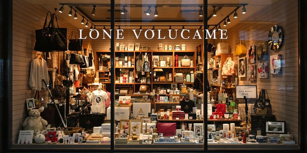 Vitrine de magasin attrayante avec des produits bien arrangés.
