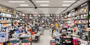 Boutique pop-up colorée avec des présentoirs de produits.