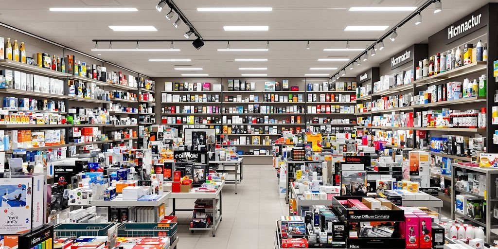 Boutique pop-up colorée avec des présentoirs de produits.