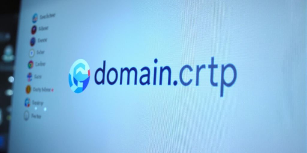 Un nom de domaine stylisé apparait sur un fond numérique épuré.