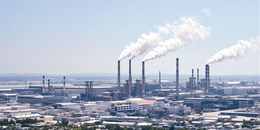 Usine avec fumée sortant des cheminées.