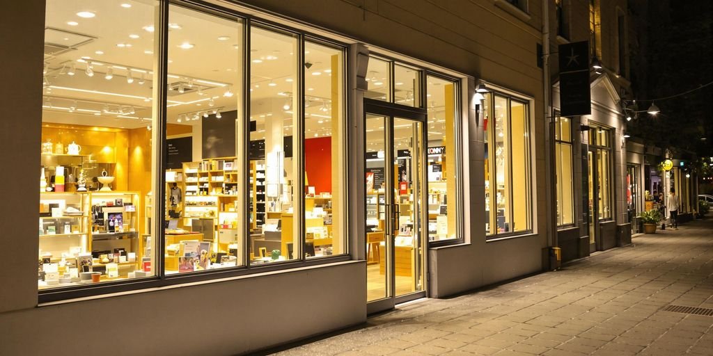 Vitrine de magasin moderne éclairée la nuit.