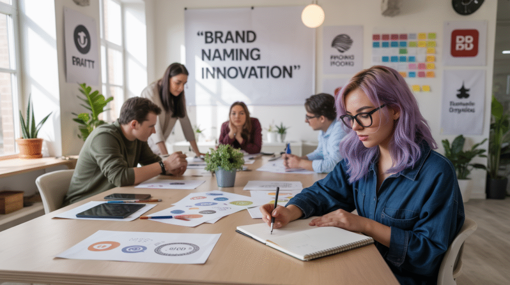 Équipe créative d'une agence de naming travaillant sur la création de noms de marque
