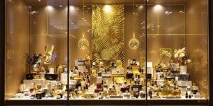 Vitrine de magasin attrayante avec produits bien agencés.