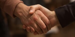 Lien client renforcé par des mains se serrant.