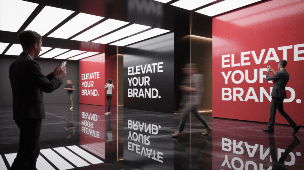 Une composition artistique montrant l'effet de plusieurs kakemonos stratégiquement placés dans un espace commercial moderne.