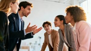 Groupe d'influenceurs discutant dans un studio moderne.