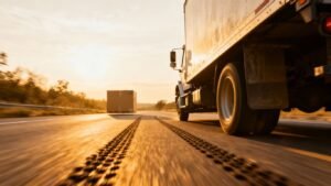 Camion de livraison en mouvement avec un colis visible