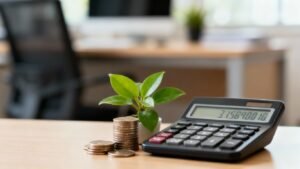 Calculatrice, argent et plante sur un bureau.