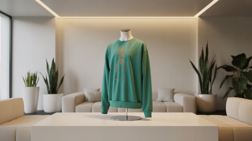 Broder un sweat: Une photo d’un sweat brodé unique, exposé au centre d’un showroom moderne au mobilier minimaliste. Le vêtement est mis en valeur sur un mannequin, éclairé par une lumière naturelle traversant une baie vitrée. Le sweat est de couleur verte, avec une broderie fine orange représentant une silhouette stylisée. Des murs blancs et des plantes vertes accentuent l’esthétique épurée du lieu.