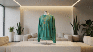 Broder un sweat: Une photo d’un sweat brodé unique, exposé au centre d’un showroom moderne au mobilier minimaliste. Le vêtement est mis en valeur sur un mannequin, éclairé par une lumière naturelle traversant une baie vitrée. Le sweat est de couleur verte, avec une broderie fine orange représentant une silhouette stylisée. Des murs blancs et des plantes vertes accentuent l’esthétique épurée du lieu.