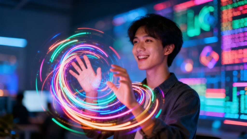 Personne naviguant sur internet avec joie et connexion.