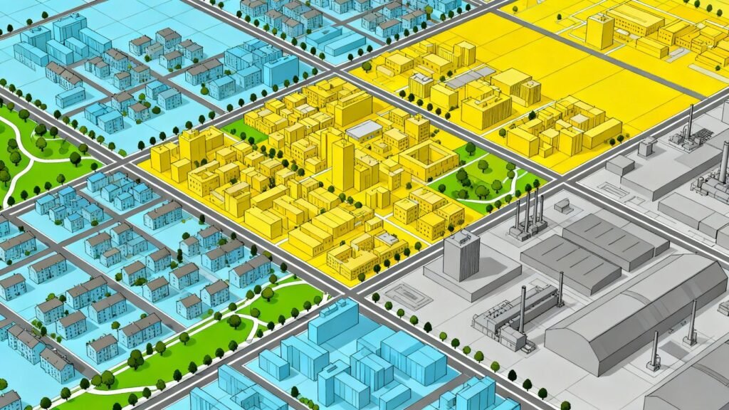 Vue aérienne d'une ville divisée en zones.