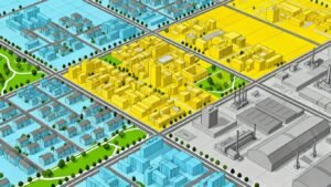 Vue aérienne d'une ville divisée en zones.