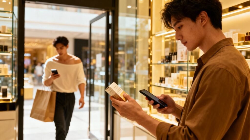 Client comparant en magasin et achetant en ligne sur son téléphone.