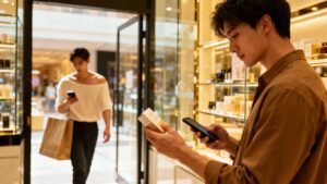 Client comparant en magasin et achetant en ligne sur son téléphone.