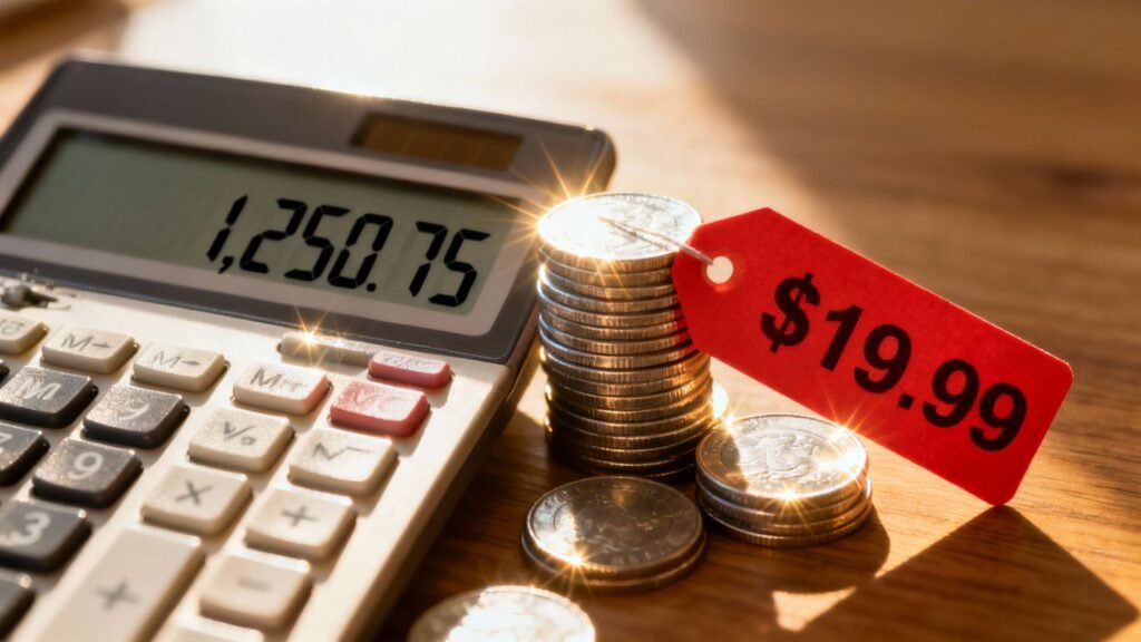 Calculateur, pièces et étiquette de prix pour le taux de marque.