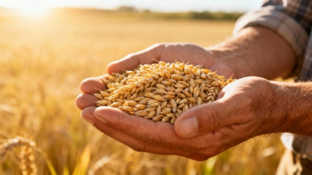 Mains tenant du grain doré dans un champ ensoleillé.