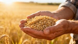 Mains tenant du grain doré dans un champ ensoleillé.