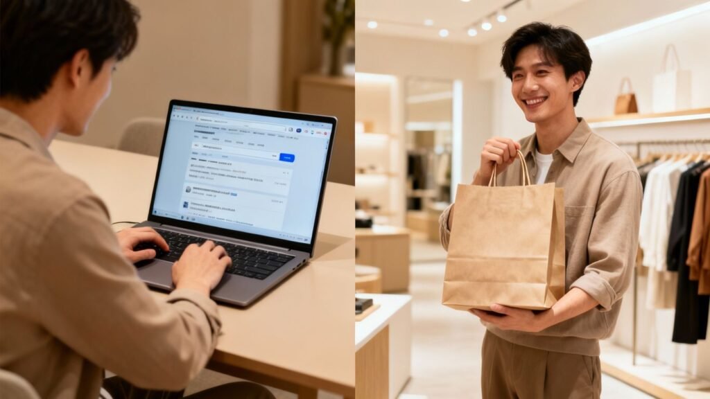 Personne transformant une recherche en ligne en achat en magasin.