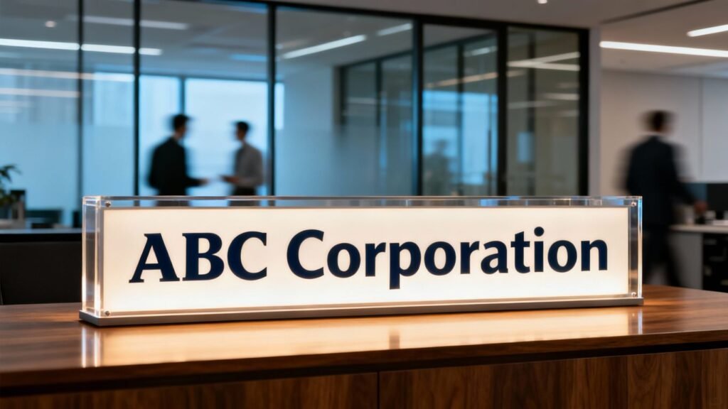 Nom d'une entreprise sur une enseigne lumineuse.