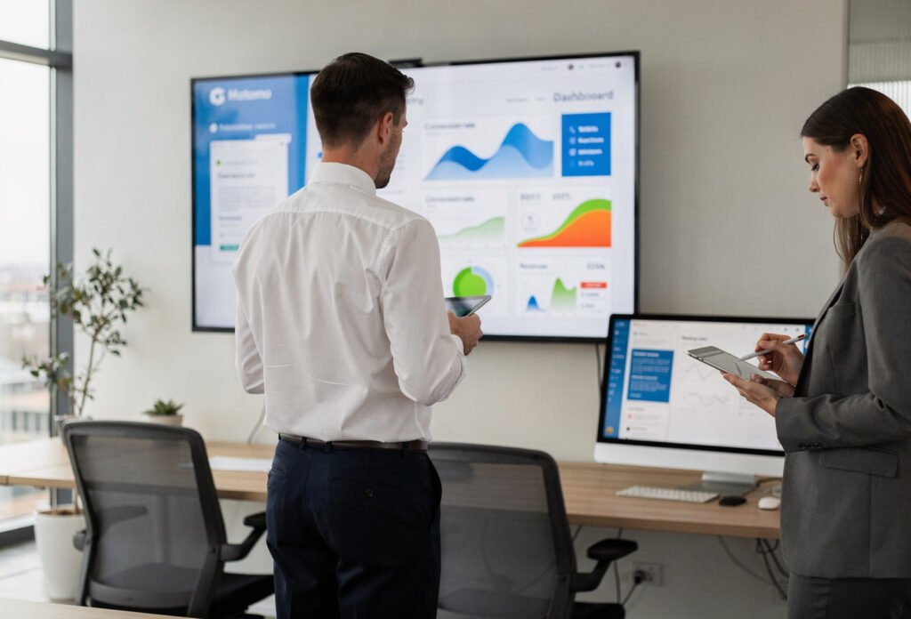 Dirigeant consultant des données marketing sur un tableau de bord numérique