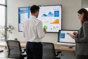 Dirigeant consultant des données marketing sur un tableau de bord numérique