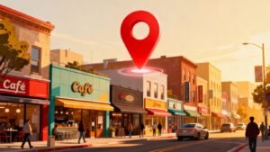 Commerces et icône de localisation sur une carte.