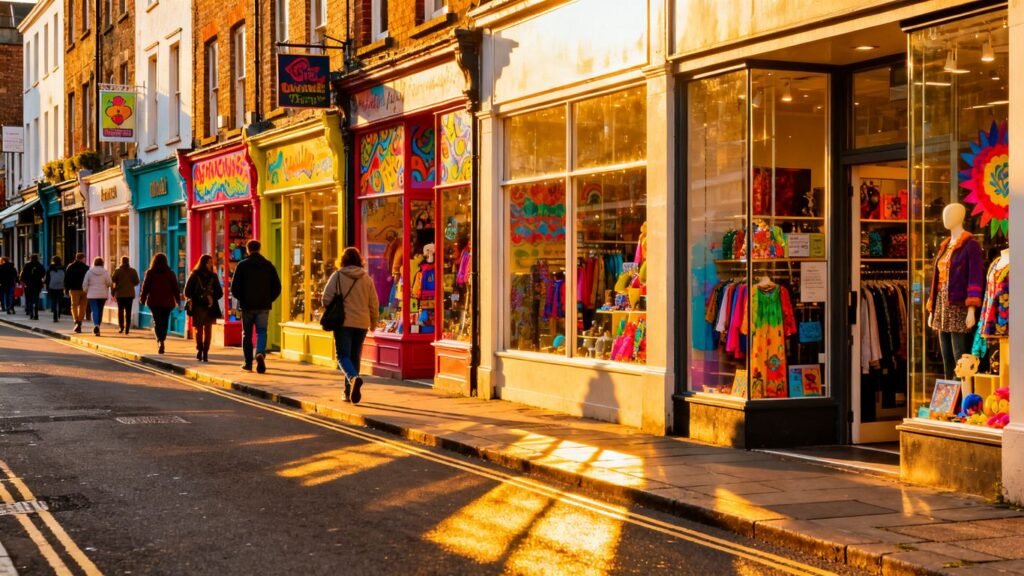 Vitrine de magasin colorée avec des clients flânant dans la rue.