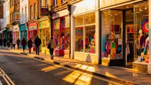 Vitrine de magasin colorée avec des clients flânant dans la rue.