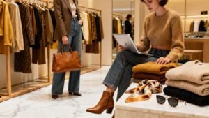 Une personne choisit des vêtements dans un magasin de mode.