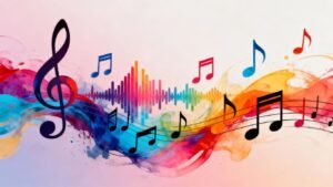 Notes de musique et ondes sonores colorées.