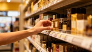 Sélection de produits sur une étagère de magasin.