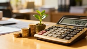 Calculatrice, pièces de monnaie et plante verte sur un bureau.