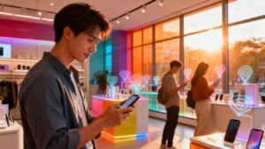 Clients utilisant leurs téléphones dans un magasin moderne.