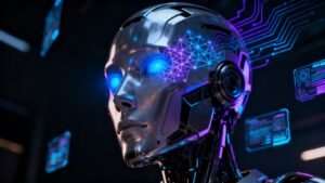 Tête de robot futuriste avec des circuits numériques lumineux.