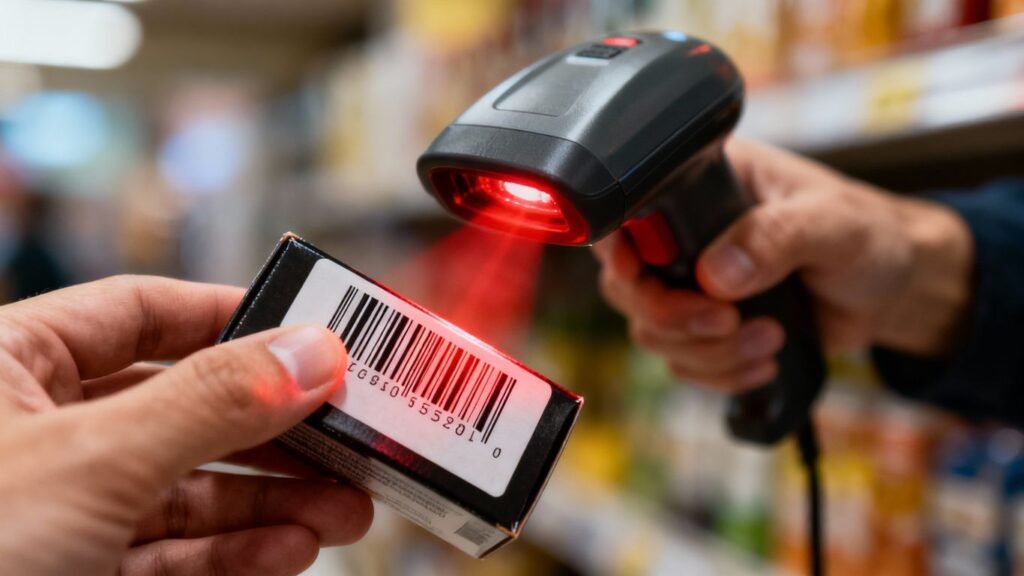 Main d'une personne scannant un code barre sur un produit.