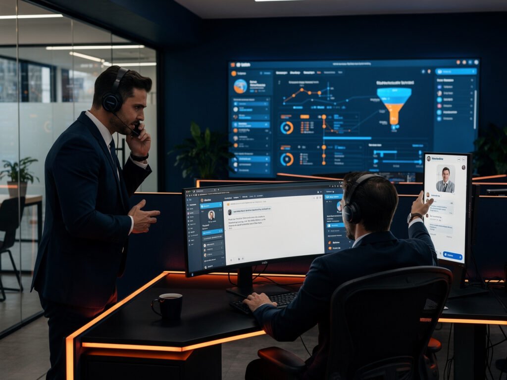 Scène immersive montrant une agence de prospection b2b moderne en pleine activité, dans un open space élégant aux tons bleu nuit, noir profond et touches d’orange lumineux. Plusieurs consultants travaillent simultanément sur différents canaux : l’un passe un appel téléphonique avec un casque professionnel, un autre rédige un email personnalisé sur un écran, un troisième interagit sur LinkedIn. Sur les écrans, on distingue des dashboards CRM, des pipelines commerciaux et des séquences multicanales. La lumière ambiante est tamisée, avec des néons orange subtils qui soulignent les contours des bureaux et donnent une atmosphère stratégique et maîtrisée.